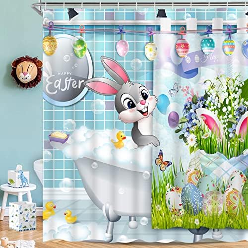 CLASWCALOR וילון מקלחת ארנב פסחא, וילון מקלחת ארנב חמוד עם 12 ווים, וילונות מקלחת ביצת פסחא מצחיקים לעיצוב