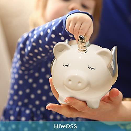 Hiwoss Pig Pigsn Piggy Bank לבנות, בנק מטבעות חמוד לילדים, בנק קרמיקה עם פקק גומי