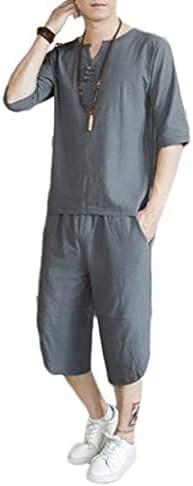 JYDQM חליפה בסגנון סיני קיץ של חולצת טריקו עם שרוולים קצרים של מכנסי חוף מזדמנים