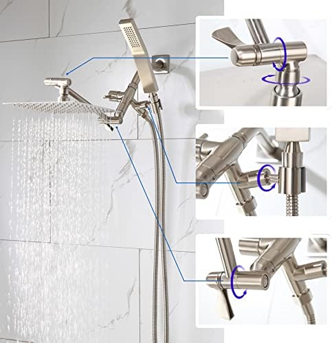 כל מתכת כפולה כפולה 8 משולבת ראש מקלחת מרובעת עם זרוע הרחבה, 2 הגדרות ריסוס מערכת מקלחת כף יד