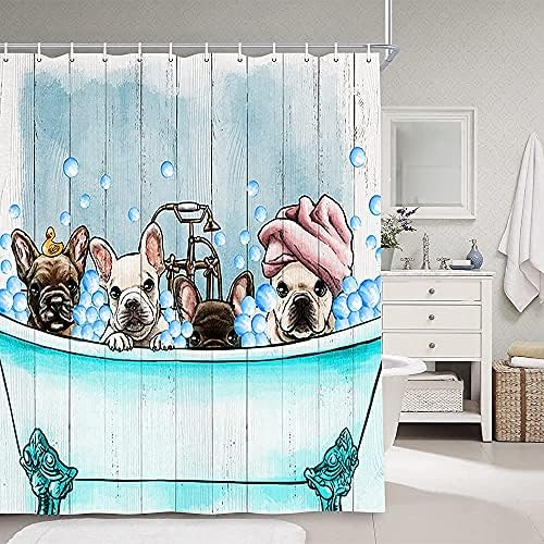 וילון מקלחת כלבים מצחיק כפרי לחדר אמבטיה, בעלי חיים חמודים כלב עירום בטורקיז כחול באמבטיה סטוק בדים סט