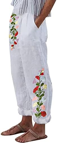 מכנסי פשתן לנשים מכנסיים מחודדים להדפס פרחוני עם כיסי החלקה בוהו וינטג