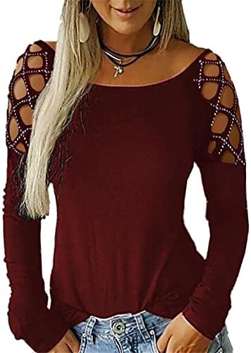 נשים חלולות שרוול ארוך מעל כתף צווארון חותך חולצות רינסטון חלולות בצבע אחיד חולצות שרוול רופפות