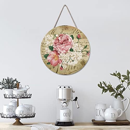 שלט ברוך הבא וינטג 'פרח ורד צרפתי עגול עץ עץ עיתון רטרו מוסיקה מוסיקה הערה קיר חיובי פלאק קיץ פרחוני