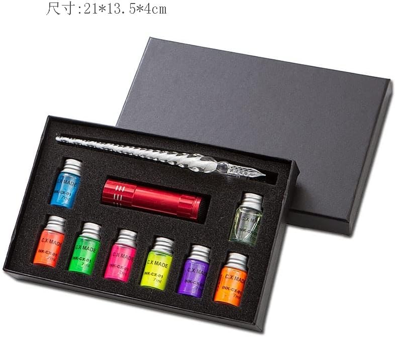 CXDTBH זכוכית טבילה ועט דיו מזרקת קריסטל עט עט פלורסנט צבע דיו דיו שקוף מנורת UV צביעת מתנות מתנות