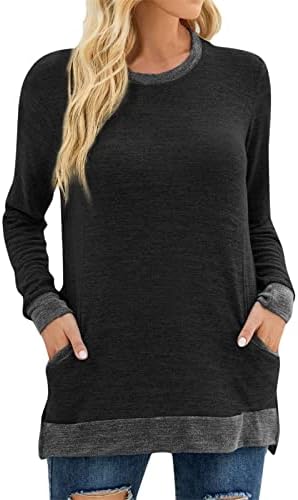 אישה אופנה עגול צוואר קולורבלוק כיסים ארוך שרוול סוודר רופף מזדמן בתוספת גודל חולצות וטוניקות