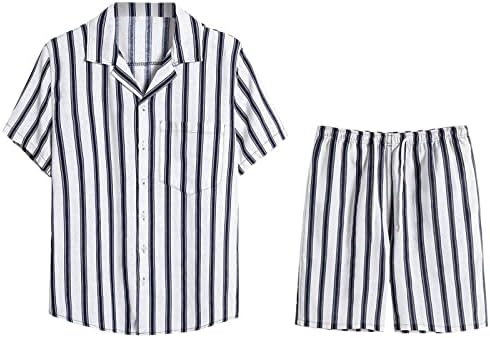 חולצת פסים לגברים 2 תלבושות 2 חלקים כפתור חוף הוואי למטה חולצות ומכנסיים קצרים