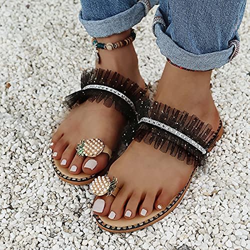 סנדלי נשים מקרית קיץ נשים בנות פרל שטוח בוהמי סגנון מקרית סנדלי כפכפים חוף נעליים