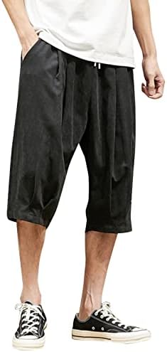מכנסי Beuu Mens Capris סגנון יפני פלוס מכנסיים מזדמנים רופפים בקיץ מתחת לברך אלסטי שרוך מכנסיים קצרים