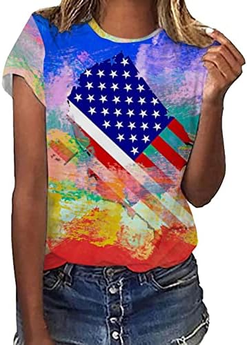 אישה חולצות קיץ נשים מקרית אמריקה דגל הדפסת צוואר קצר שרוול חולצה חולצות טיז חולצה נשים חולצה