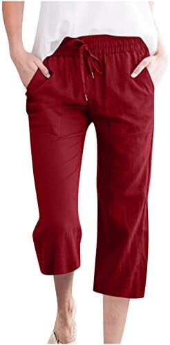 מכנסי קפרי מותניים גבוהים לנשים מכנסי פשתן רופפים מזדמנים שרוך מכנסי טרנינג קפריס עם מכנסי טרנינג קפריס עם כיס