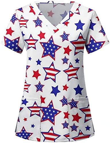 4 ביולי חולצת טי לנשים דגל אמריקאי קיץ חולצה עם צווארון שרוול קצר עם 2 כיסים חולצות בגדי עבודה מזדמנים