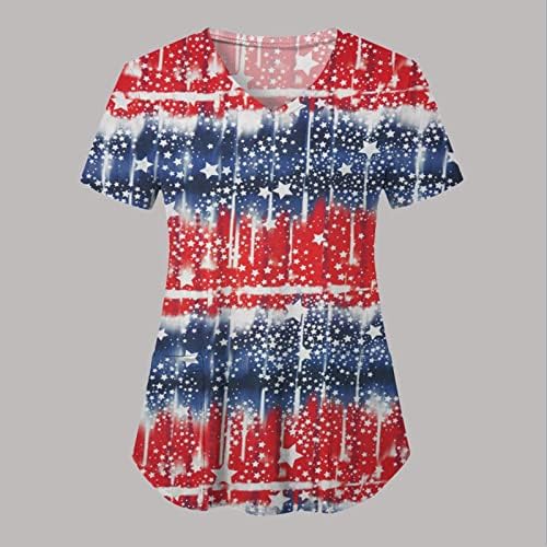 4 ביולי חולצה לנשים דגל אמריקאי קיץ שרוול קצר חולצות טריקו עם 2 כיסים חולצות בגדי עבודה מזדמנים לחג