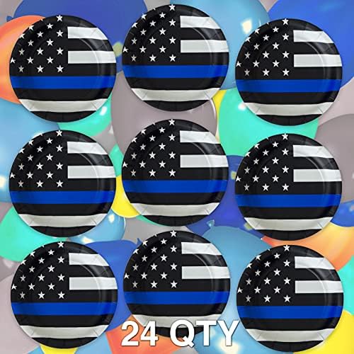 צלחות קו כחול דק של המשטרה של הרברקמפ! 24 צלחות מסיבות עגולות בתבנית הדגל הקו הכחול הדק הרשמי.