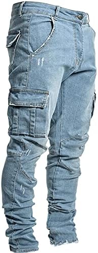 Zhishiliuman Mens Slim Fit Jeans אופנה מכנסי מטען מרובי כיסים מכנסי עיפרון ג'ינס מכנסי ג'ינס