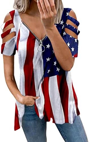 4 ביולי טי חולצות לנשים לנשים קיץ קצר שרוול עם צווארון טוניקות חולצות אמריקאי דגל פסים לקשור לצבוע