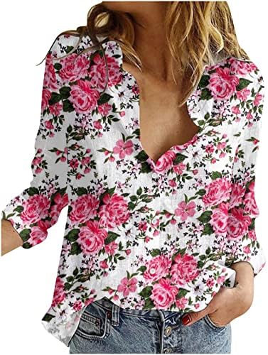 חולצה מודפסת פרח פרחית של נשים כפתור פרוע למעלה V UP VECH חולצה עליונה חולצות שרוול ארוך חולצות