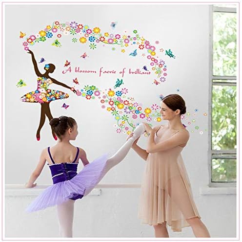 ילדה רוקד בין פרחים ופרפר קיר מדבקה צבעוני רוקד ילדה קיר מדבקות, קליפת מקל נשלף ריקוד פרח פיות ילדה עם פרפר