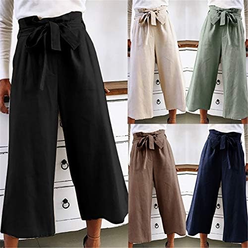 מכנסי רגל רחבים של Andongnywell מכנסיים רחבים עם שרוך צבעוני טהור ואופנה רב -תכליתית תשעה מכנסיים