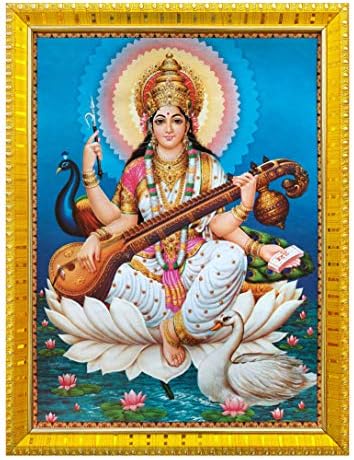 Koshtak Saraswati Mata עם מסגרת צילום של סיטאר והנס טווס עם פוסטר למינציה לפוג'ה חדר פולחן פולחן/קיר תלוי/מתנה/עיצוב