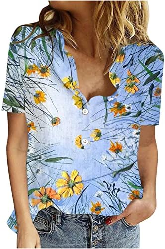 צמרות כותנה פרחוניות של נשים צמרות אופנה קיץ כפתור שרוול קצר למעלה חולצות צוואר פלוס חולצות רופפות מזדמנים