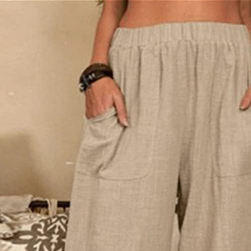 DGHM-jlMy אופנת כותנה מוצקה לנשים מכנסיים מזדמנים רופפים כיסים מכנסי פשתן מותניים אלסטיים משקל קל משקל