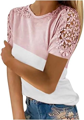 צמרות קיץ לנשים 2023 חולצת טריקו פרחונית מזדמנת תחרה פרחונית חלולה החולצה חולצות שרוול קצר חול חולצות אופנה