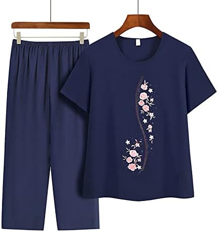 תלבושות קיץ של 2 חלקים לנשים פלוס חולצת טי קצרה של שרוול קצר ומכנסיים מערכות אימון נוחות נשים קשישות