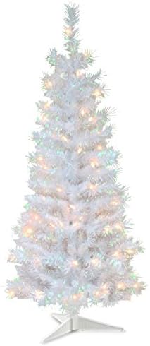 חברת העצים הלאומית עץ חג המולד המלאכותי לפני מואר, ירוק, 4 רגל ועץ חג מולד מלאכותי מראש, טינסל לבן, אורות לבנים,