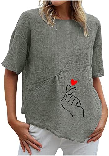טי פשתן כותנה לנשים בקיץ שרוול קצר צמרות כיס הדפס טרנדי צווארון רופף מתאים חולצות טוניקה נוחות
