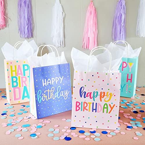 Sparkle and Bash 24 חבילה שקיות מתנה ליום הולדת שמח עם 24 גיליונות נייר טישו לבן, שקיות מתנה ליום הולדת קטנות לילדים