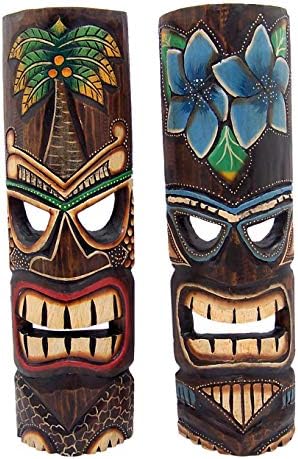 ווסר בעבודת יד פולינזי הוואי סגנון פרחוני צבוע טיקי מסכות, קיר דדקור, סט של 2 צבעים שונים,19 סנטימטרים