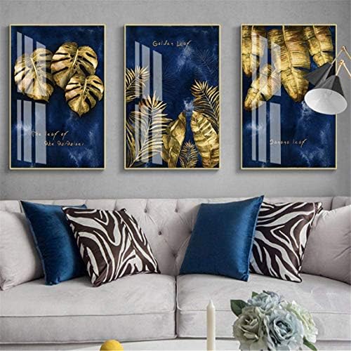 3 חתיכות תמונה סט נורדי יוקרה חיל הים כחול זהב מופשט עלים וריד מרקם בד הדפסת דקורטיבי ציור לסלון בית תפאורה