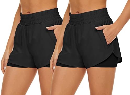 HKJievShop 2 חבילות מכנסיים קצרים אתלטים לנשים, מכנסיים קצרים מהיר של ריצה יבש עם כיסים מכנסי חדר כושר במותן גבוה