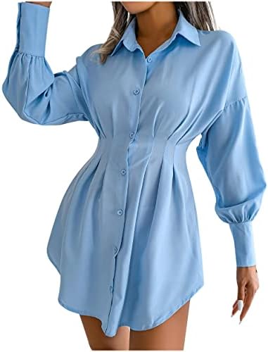 נשים של חולצה שמלות קפלים בטן בקרת דש זרוק כתף שרוול פנס סדיר גבוהה נמוך כפתור למטה שמלה