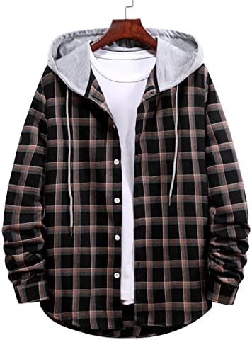 XZHDD משובץ מעילי ברדס חולצות לגברים, כפתור מסודר באביב למטה שרוול ארוך הלבשה חיצונית חולצה מזדמנת