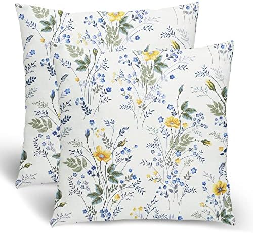 כרית פרחי אביב אביבית מכסה 16x16, כחול וצהוב פרחוני זריקה כריות לזרוק לספה, אופי עונתי פרחי בר עיצוב