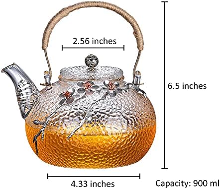 זנציה בסגנון יפני זכוכית פטיש מעודנת סיר תה 900 מל, עם קישוט פריחת פח ונחושת שזיף נחושת