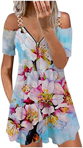 שמלות קיץ לנשים רצועת כתף מתכת 1/4 צוואר צוואר שרוולים קצרים שמלות וינטג 'לנשים 2023