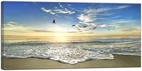 חוף קיר אמנות לסלון - אוקיינוס תמונות שקיעת בד קיר תפאורה כחול שמיים והחוף נוף נוף ימי ציורי