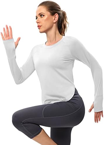 חולצות אימון של שרוול ארוך של אמצעי לנשים המריצות חולצת כושר יוגה עם חור אגודל נושם רשת אחורה של האישה