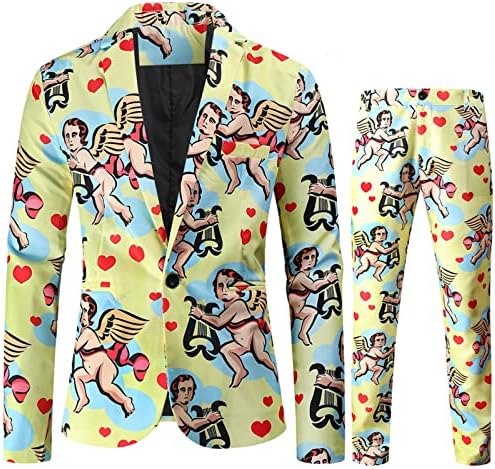 XXBR חג האהבה 2 חליפות חתיכות לגברים, אהבה מודפסת לב בלייזר טוקסידו מכנסיים מכנסיים דלים